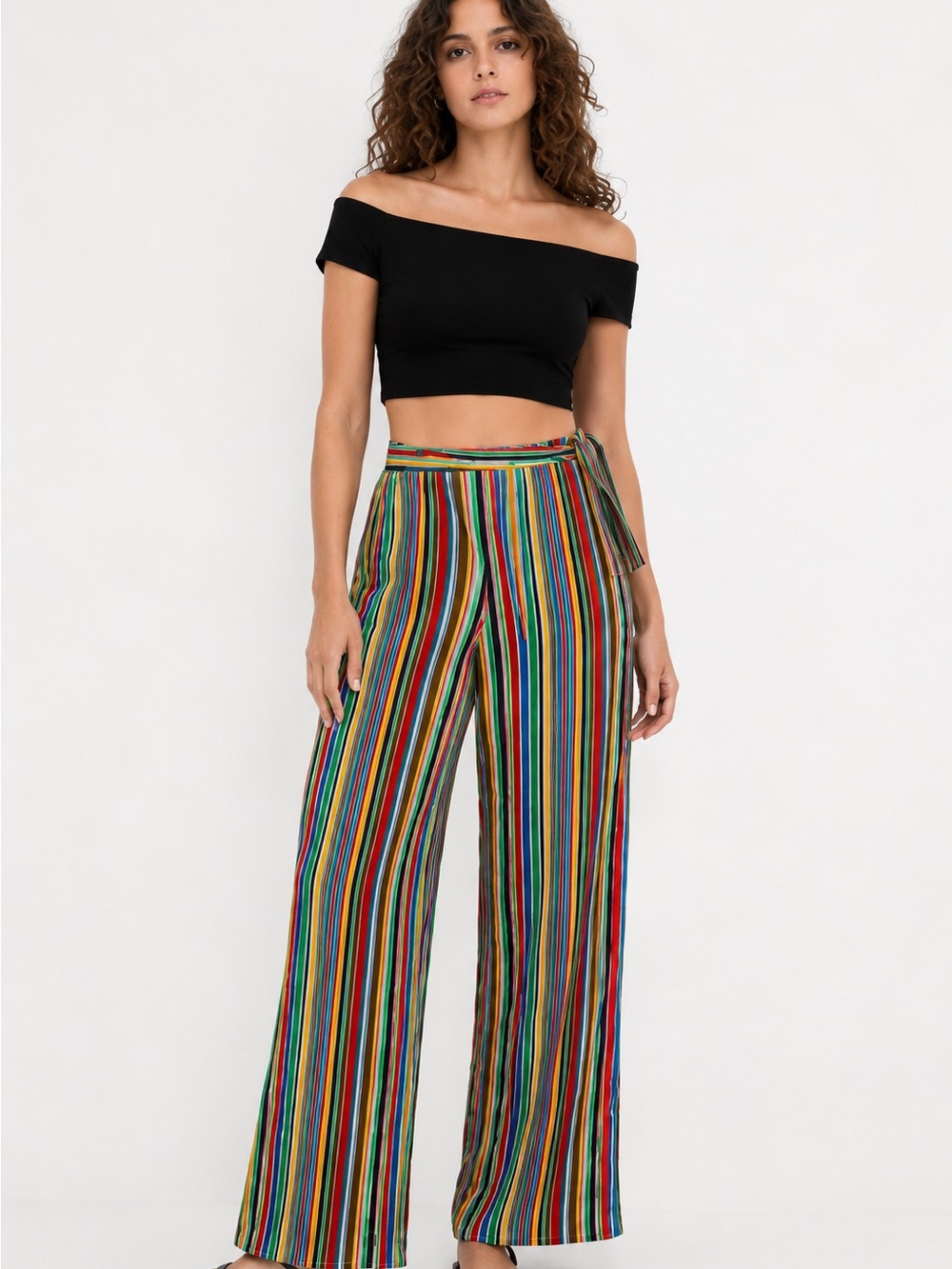 Simon Miller Multicolor Vertical Stripe Wide-Leg Pants with Black Top